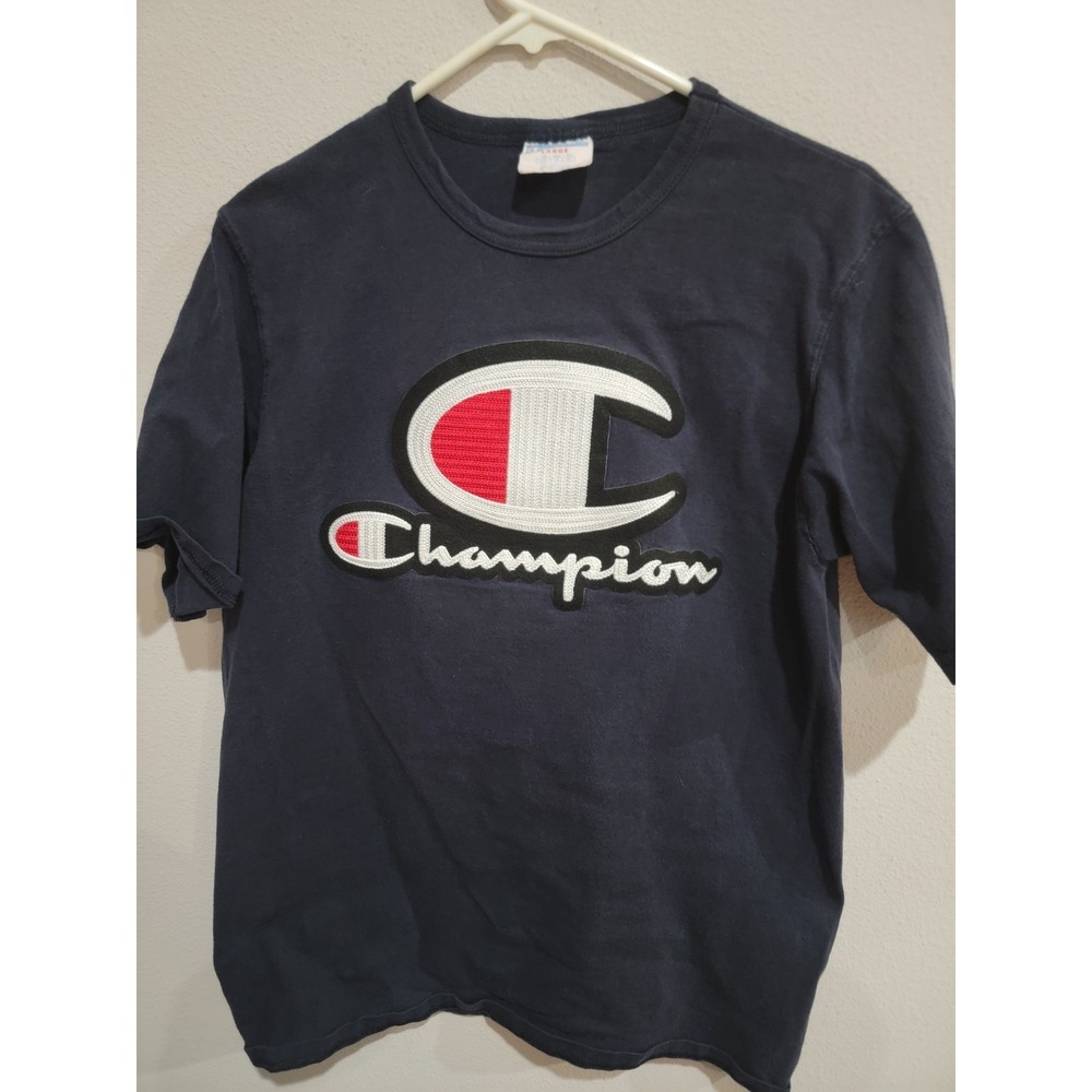 Champion Big Embroidered Patch Logo T-shirt Dark Blue Size L Retro Vintage‎ 90's